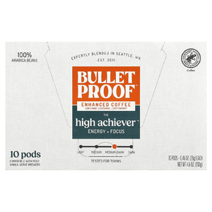 BulletProof, The Highiever™ Кофейные стручки, средняя тёмная обжарка, 10 стручков, 13 г (0,46 унции) (Товар снят с продажи) 