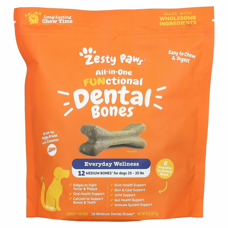 Zesty Paws, All-in-One, функциональный комплекс для костей зубов, для собак всех возрастов, корица, 12 средних зубов, 227 г (8 унций)