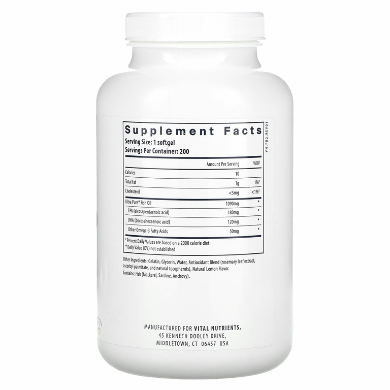 Vital Nutrients, Ultra Pure, рыбий жир 350, лимон, 200 мягких таблеток