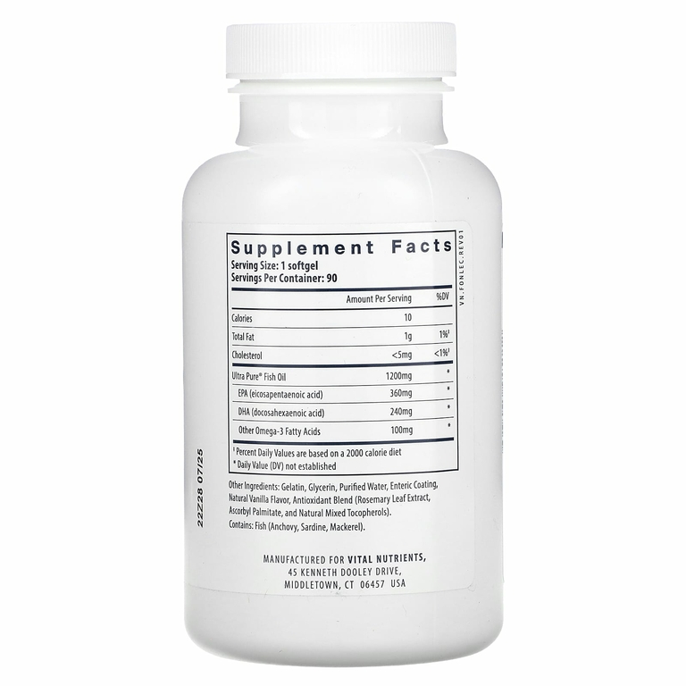 Vital Nutrients, Ultra Pure, рыбий жир 700, кишечнорастворимая, 90 капсул, покрытых кишечнорастворимой оболочкой