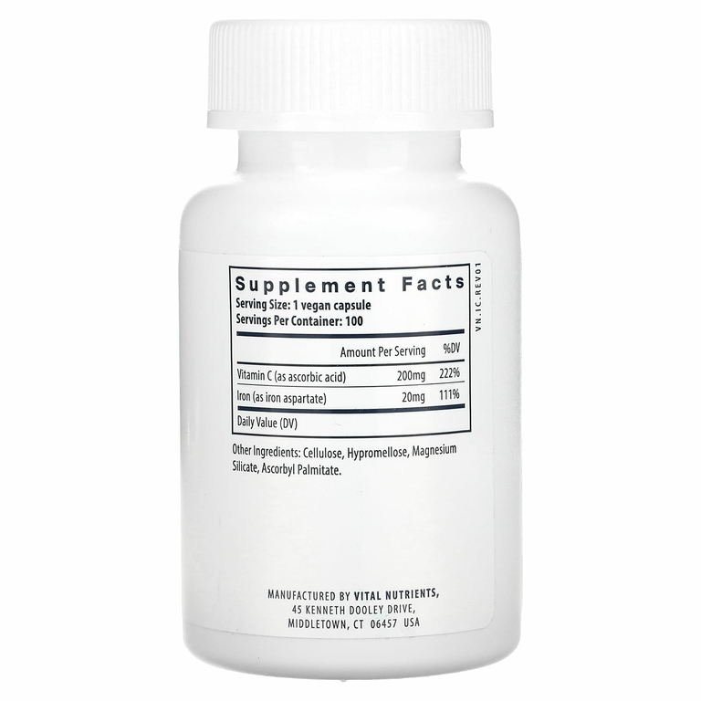 Vital Nutrients, Iron Plus C, 100 веганских капсул
