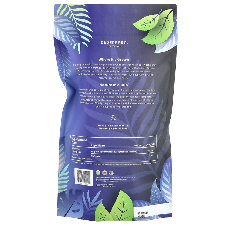 Cederberg Tea Co, Organic Spearmint, без кофеина, 100 натуральных чайных пакетиков, 140 г (4,94 унции)