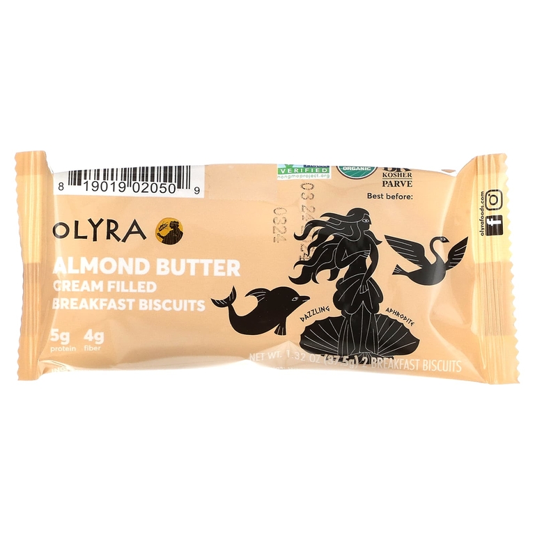Olyra, органическое печенье для завтрака, с миндальной начинкой и кремом, 4 упаковки по 37,5 г (1,32 унции)