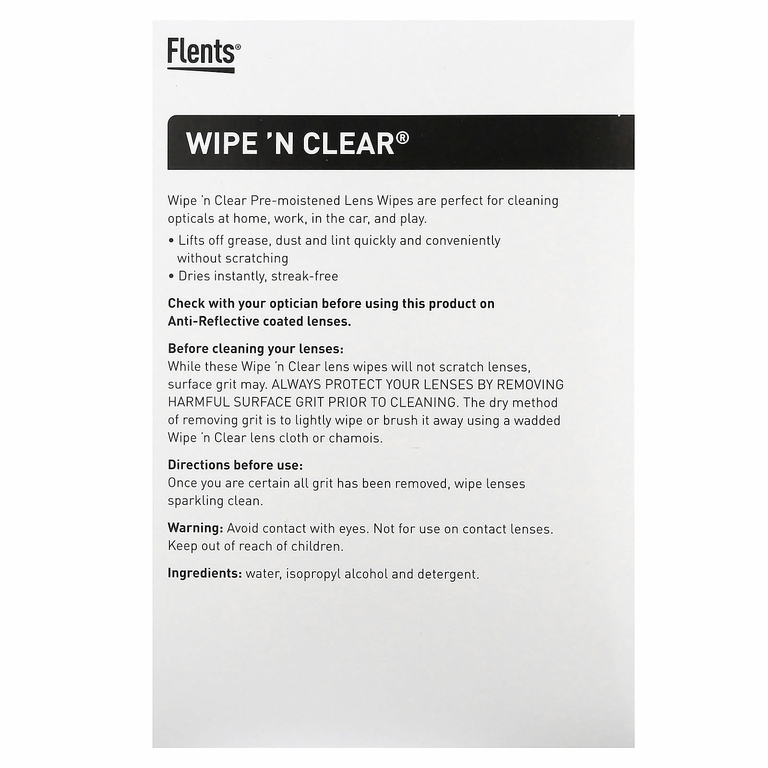 Flents, Wipe 'N Clear, увлажняющие салфетки для линз, 100 шт.