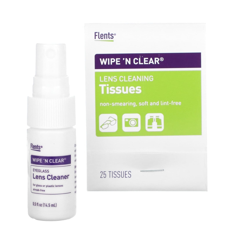 Flents, Wipe 'N Clear, средство для очищения линз для глаз, 50 салфеток, 1 спрей, 14,5 мл (0,5 жидк. унции)