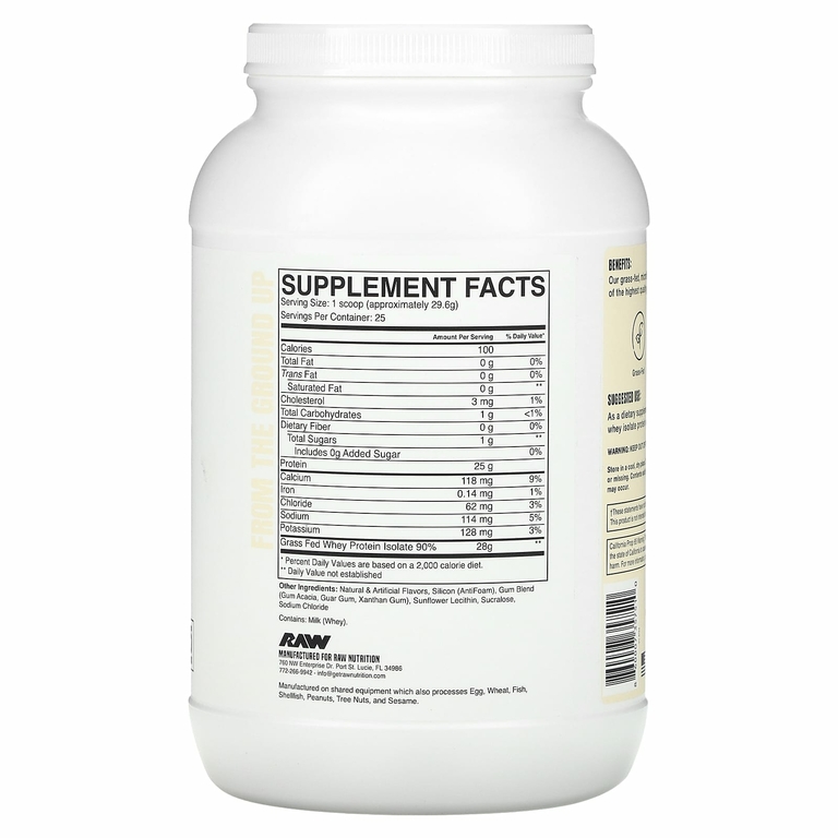 Raw Nutrition, изолят сывороточного протеина от коров травяного откорма, со вкусом ванили, 740 г (1,63 фунта)