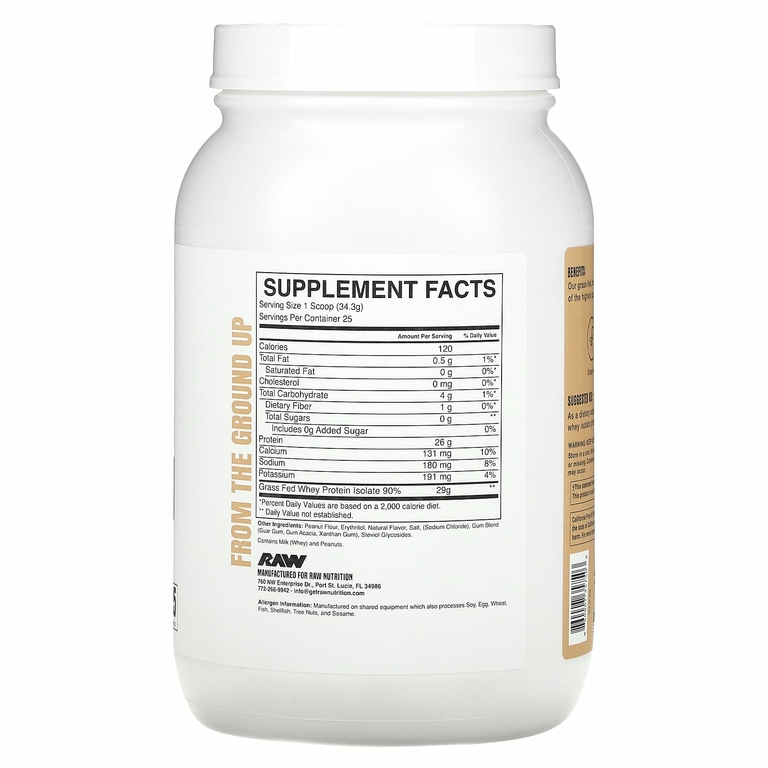 Raw Nutrition, сывороточный изолят сывороточного протеина от коров травяного откорма, с арахисовым маслом, 857,5 г (1,89 фунта)