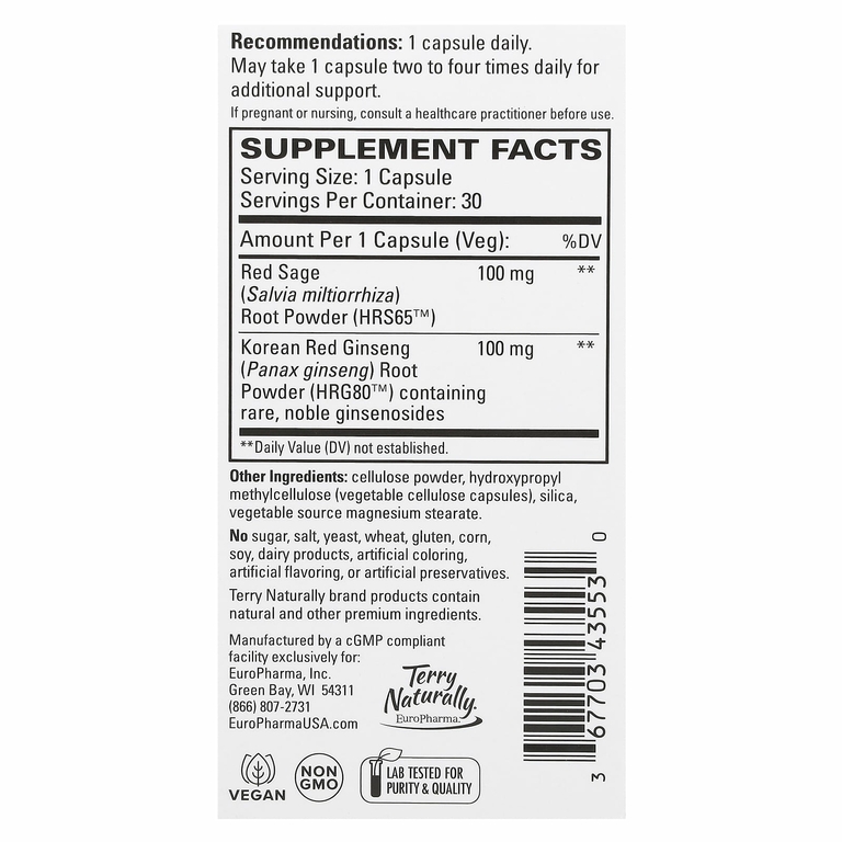 Terry Naturally, Red Sage Plus с HRG80 красным женьшенем, 30 капсул