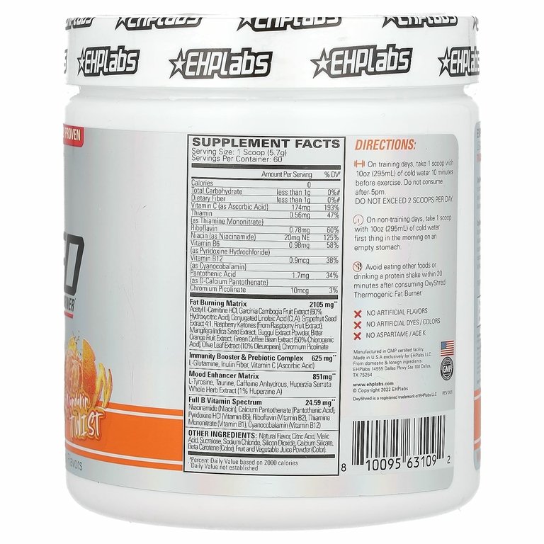 EHPlabs, OxyShred, термогенный сжигатель жира, со вкусом мандарина, 342 г (12,1 унции)