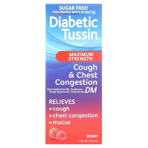 Diabetic Tussin, Cough & Chest Congestion, средство от кашля и заложенности носа, максимальная сила действия, ягодный вкус, 118 мл (4 жидк. унции)