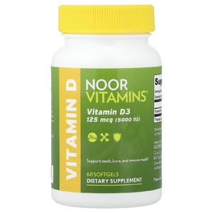 Noor Vitamins, витамин D3, 125 мкг (5000 МЕ), 60 мягких таблеток