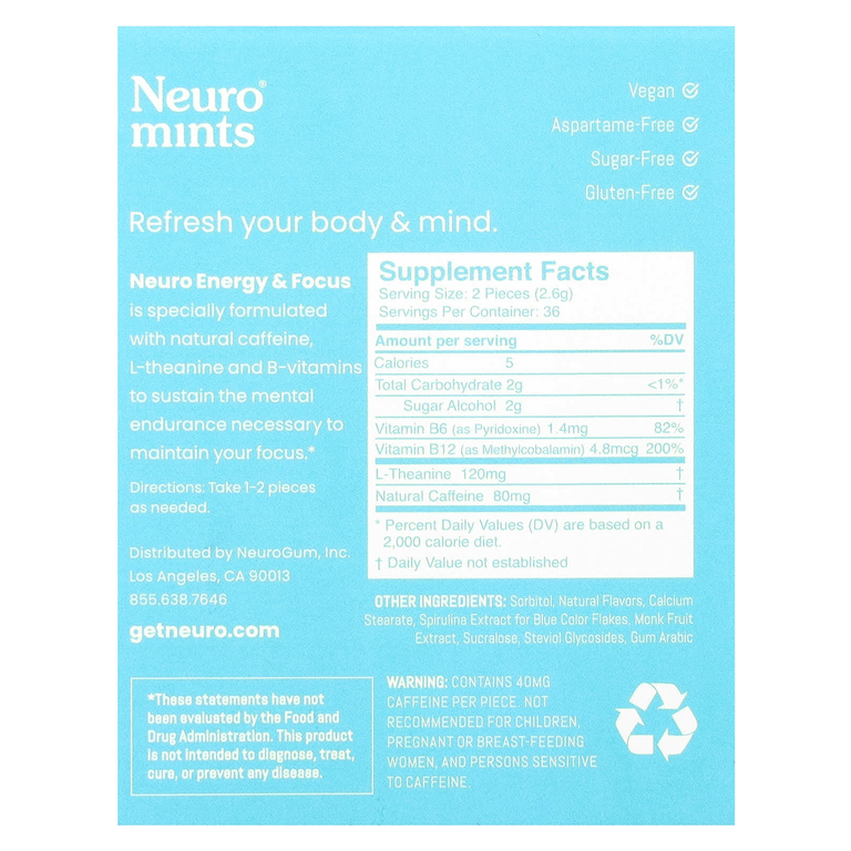 NeuroGum, NeuroMints, энергия и концентрация, перечная мята, 6 пакетиков по 12 шт.