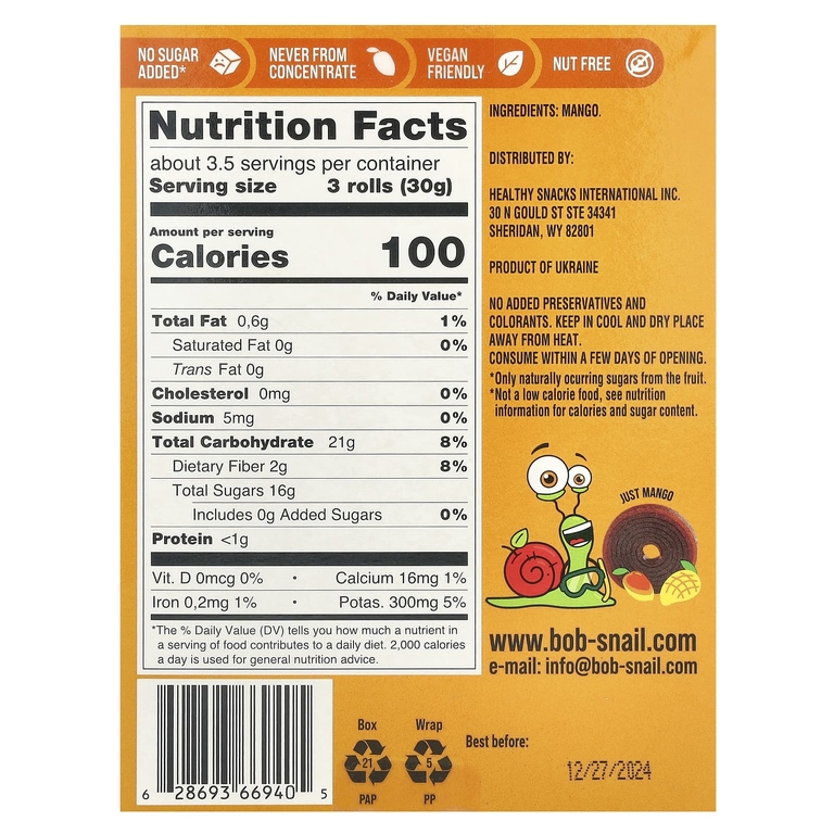 Bob Snail, Fruit Roll, манго, 10 пакетиков по 10 г (0,35 унции)