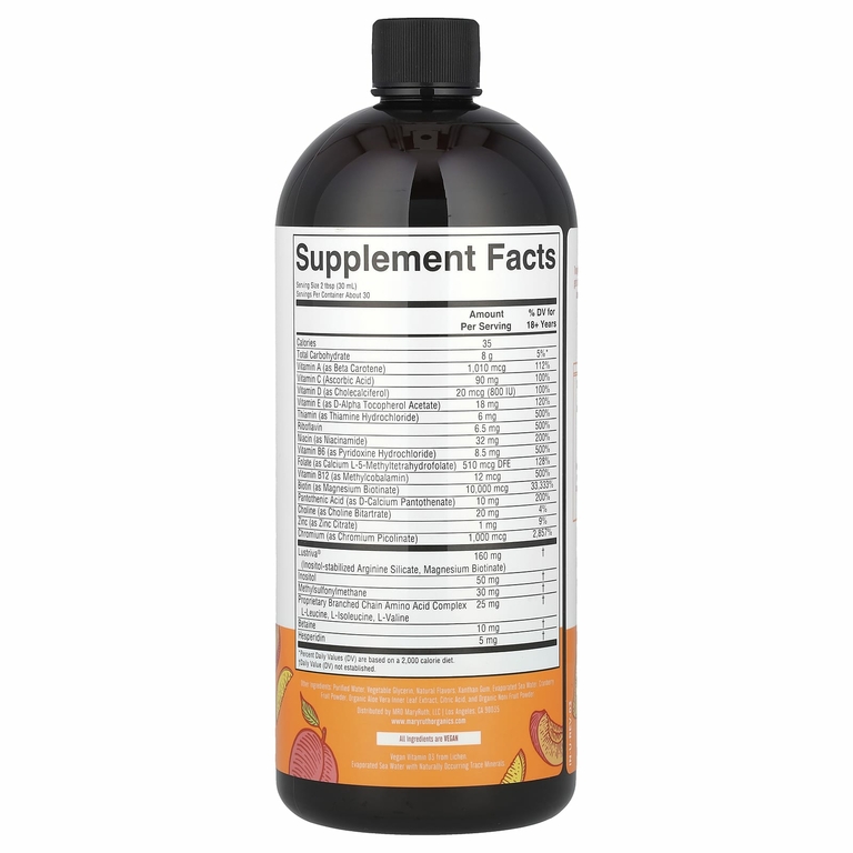 MaryRuth's, Liquid Morning Multivitamin, средство для роста волос, персик и манго, 887 мл (30 жидк. унций)