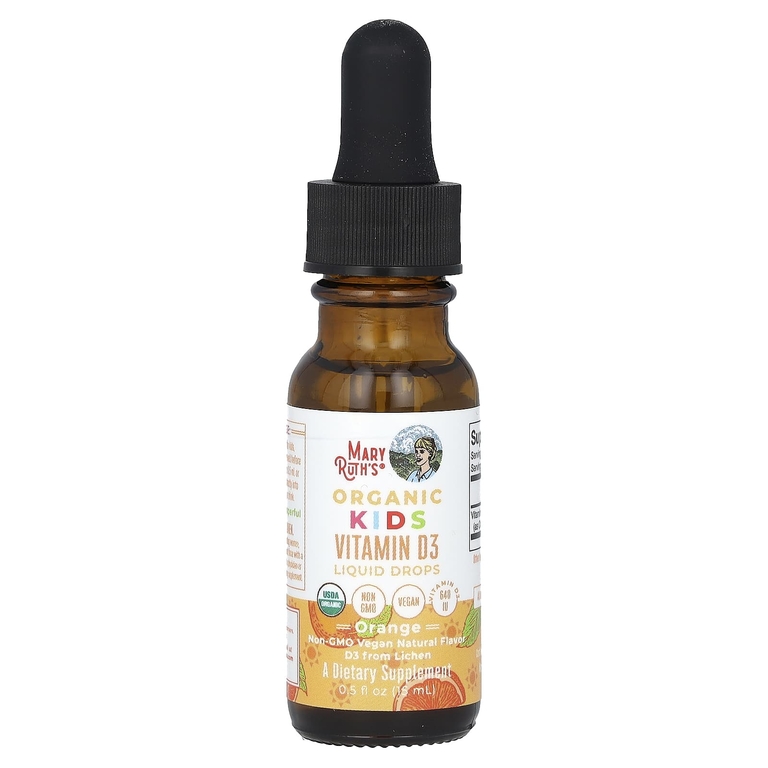 MaryRuth's, Organic Kids Vitamin D3, жидкие капли, для детей от 4 до 13 лет, со вкусом апельсина, 640 МЕ, 15 мл (0,5 жидк. Унции)