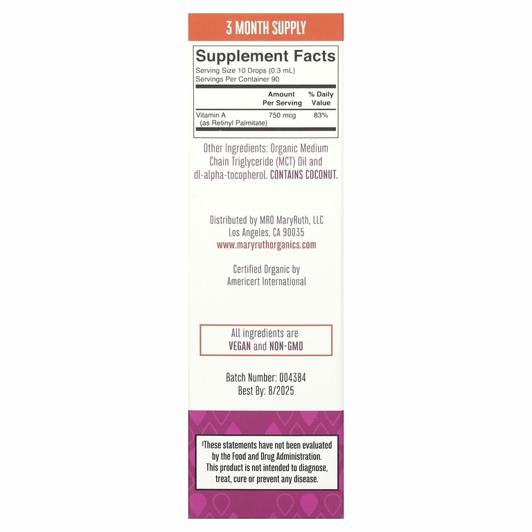 MaryRuth's, органический витамин A в каплях, без добавок, 750 мкг, 30 мл (1 жидк. унция)