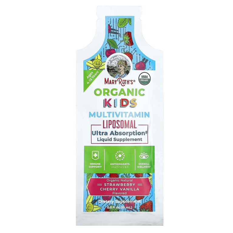 MaryRuth's, Organic Kids, липосомальные мультивитамины, для детей от 4 до 13 лет, клубника, вишня, ваниль, 14 пакетиков по 15 мл (0,5 жидк. унции)