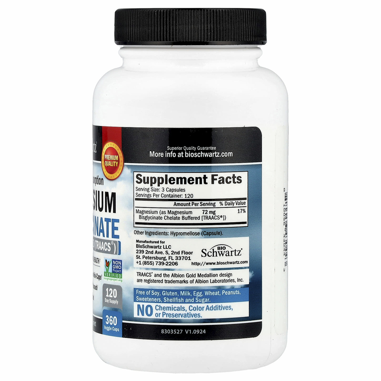 BioSchwartz, Maximum Absorption, бисглицинат магния, 360 вегетарианских капсул