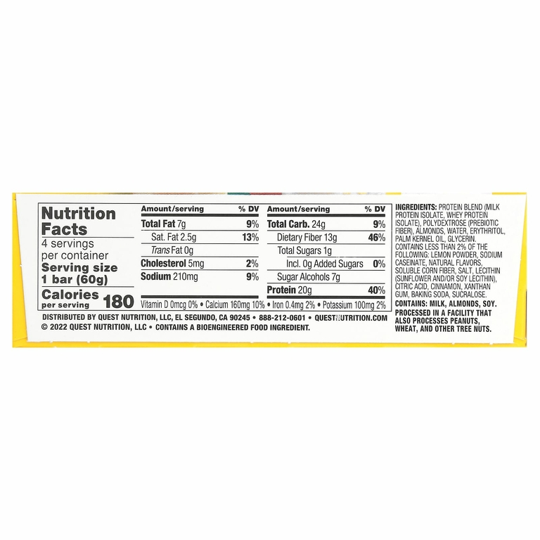 Quest Nutrition, протеиновый батончик, лимонный торт, 4 шт. по 60 г (2,12 унции)