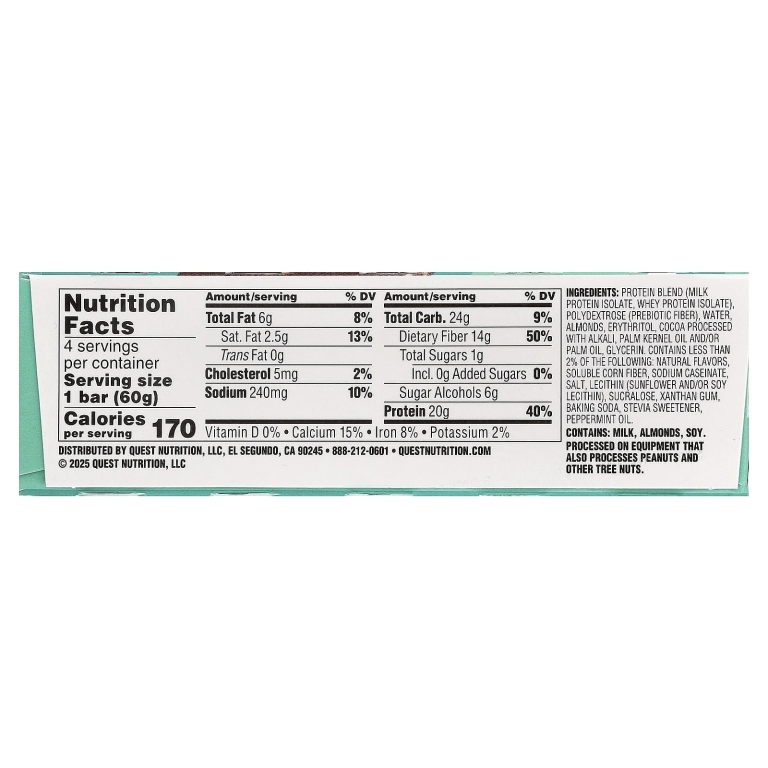 Quest Nutrition, протеиновый батончик, мята и шоколадная крошка, 4 шт. по 60 г (2,12 унции)
