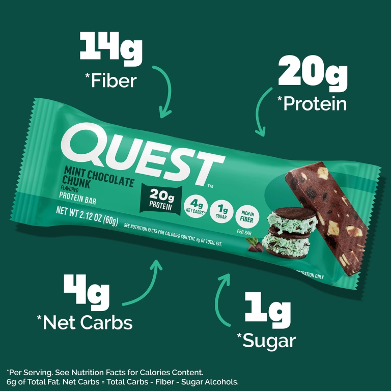 Quest Nutrition, протеиновый батончик, мята и шоколадная крошка, 4 шт. по 60 г (2,12 унции)