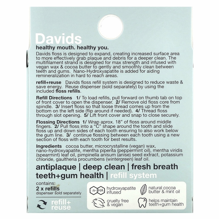 Davids, Расширяющаяся зубная нить, сменные кассеты, мята, 2 шт. (30 м) (32,8 ярда)