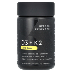 Sports Research, Витамины D3 + K2, растительного происхождения, 62,5 мкг / 100 мкг, 60 растительных капсул