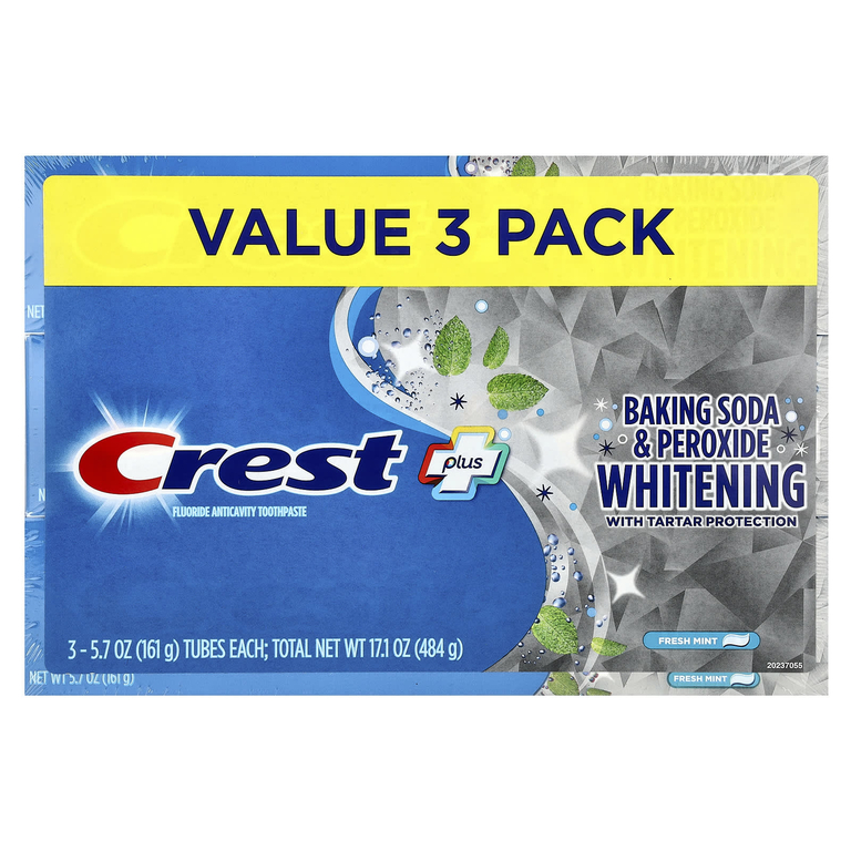 Crest, Plus, отбеливающая зубная паста с фторидом, пищевой содой и перекисью, свежая мята, 3 шт. по 161 г (5,7 унции) в упаковке