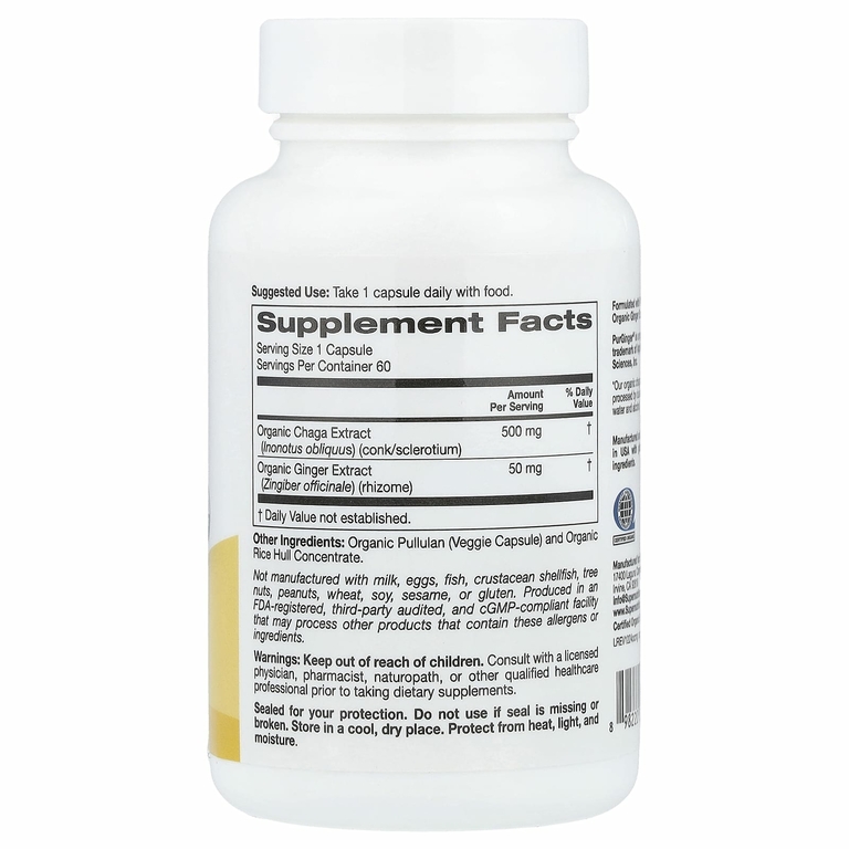 Super Nutrition, органический гриб чага с имбирём, 60 вегетарианских капсул