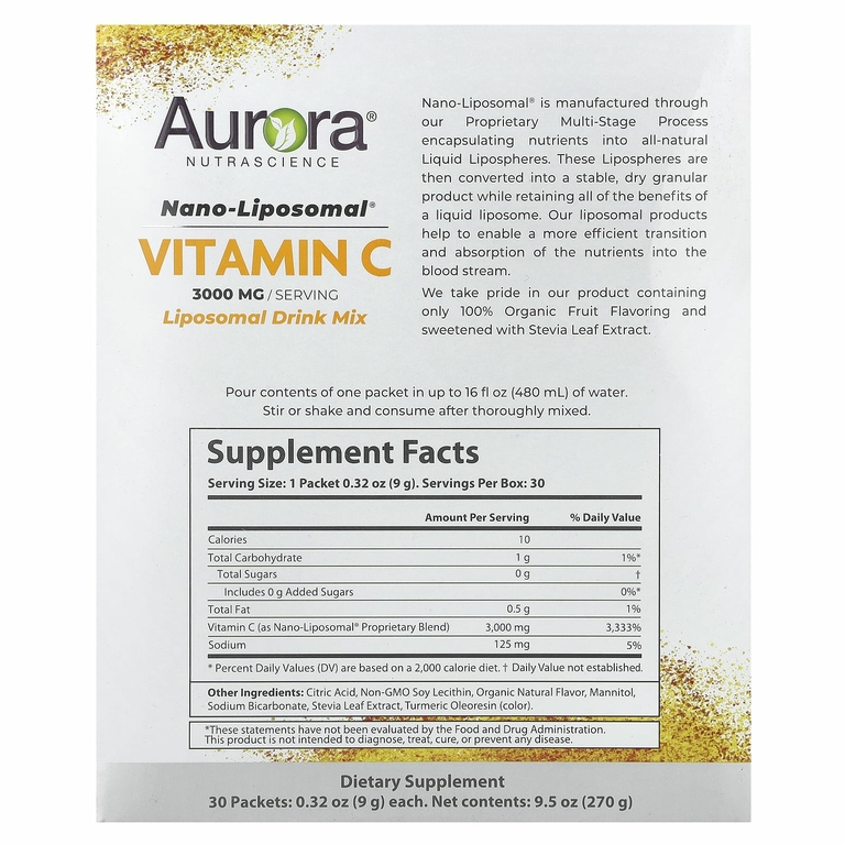 Aurora Nutrascience, Nano-Liposomal®, витамин C, 3000 мг, 30 пакетиков по 9 г (0,32 унции)