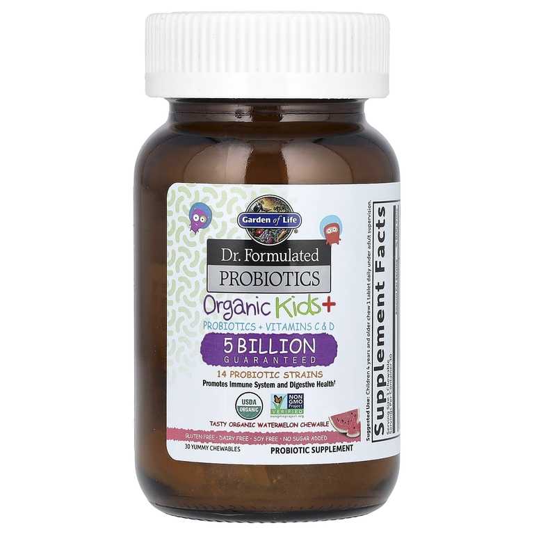 Garden of Life, Organic Kids +, пробиотики и витамины C и D, арбуз, 30 вкусных жевательных таблеток
