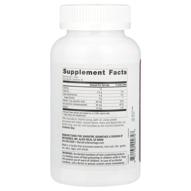 Bariatric Advantage, Chewy Bite Iron с витамином C, шоколадная малина, 30 жевательных таблеток (Товар снят с продажи) 