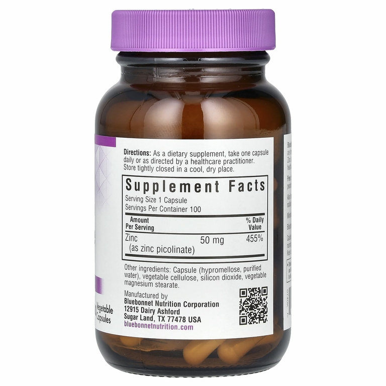 Bluebonnet Nutrition, пиколинат цинка, 50 мг, 100 растительных капсул