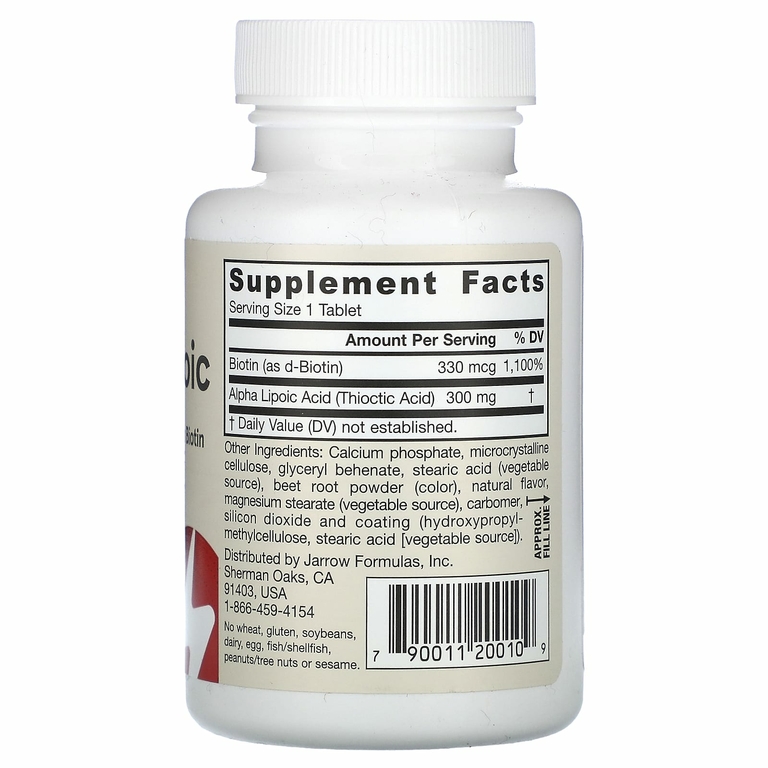 Jarrow Formulas, Alpha Lipoic Sustain, альфа-липоевая кислота с биотином, 300 мг, 60 таблеток