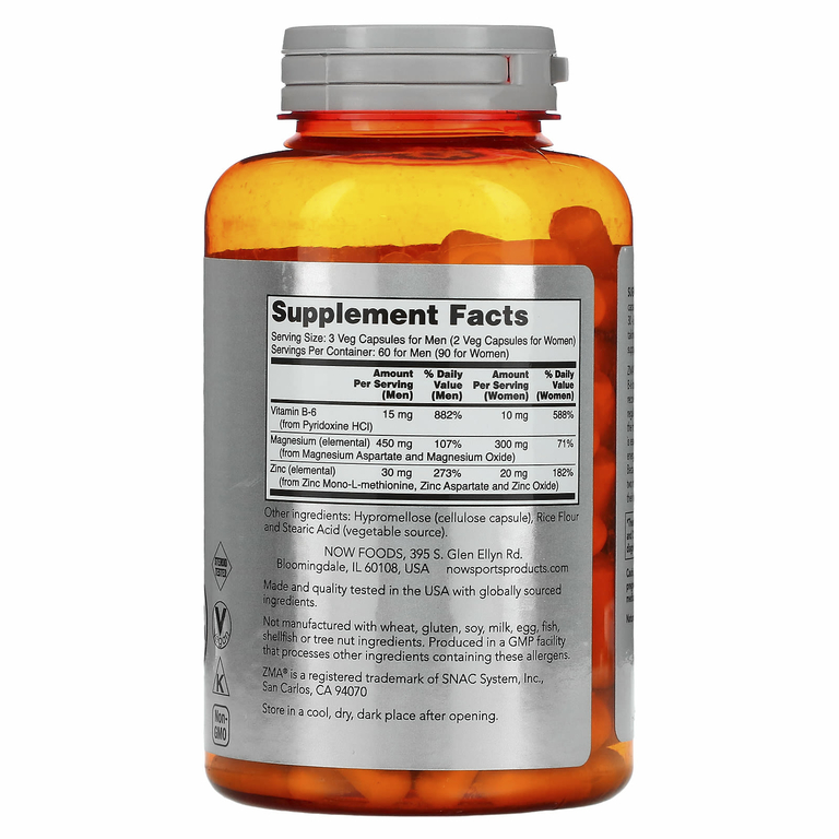 NOW Foods, Sports, ZMA, восстановление после физической активности, 180 веганских капсул