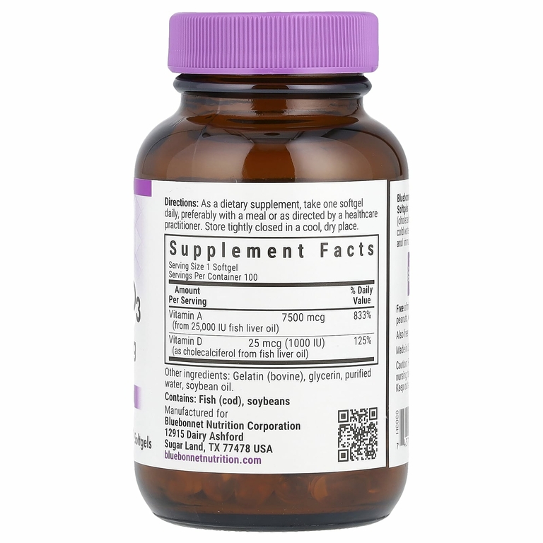 Bluebonnet Nutrition, витамины A и D3, 100 капсул