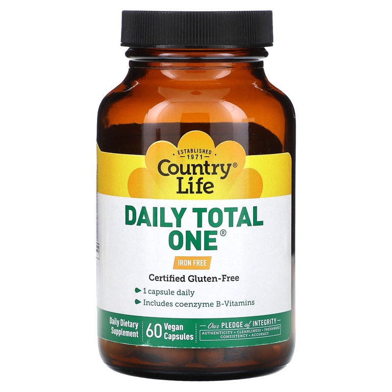 Country Life, Daily Total One, мультивитаминный комплекс, без железа, 60 веганских капсул