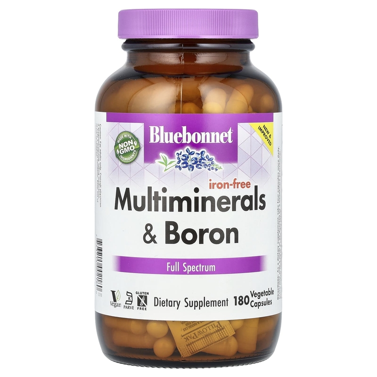 Bluebonnet Nutrition, Мультиминералы с бором, без железа, 180 растительных капсул