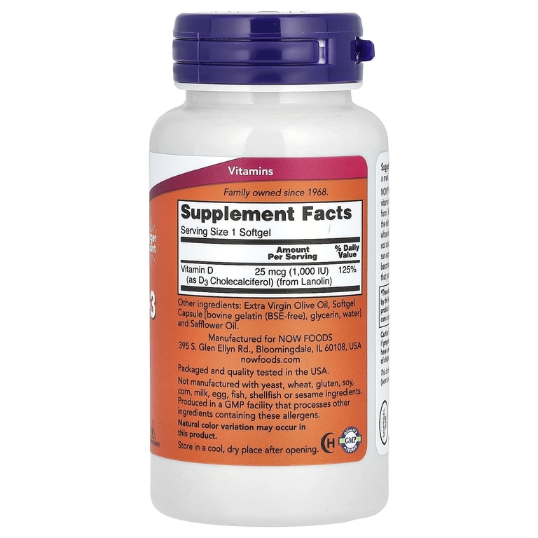 NOW Foods, витамин D3, высокоэффективный, 1000 МЕ, 360 капсул