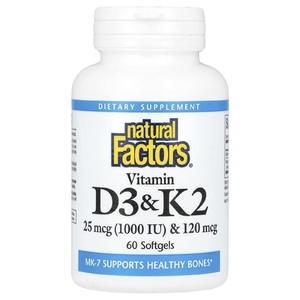 Natural Factors, витамины D3 и K2, 25 мкг (1000 МЕ) и 120 мкг, 60 капсул