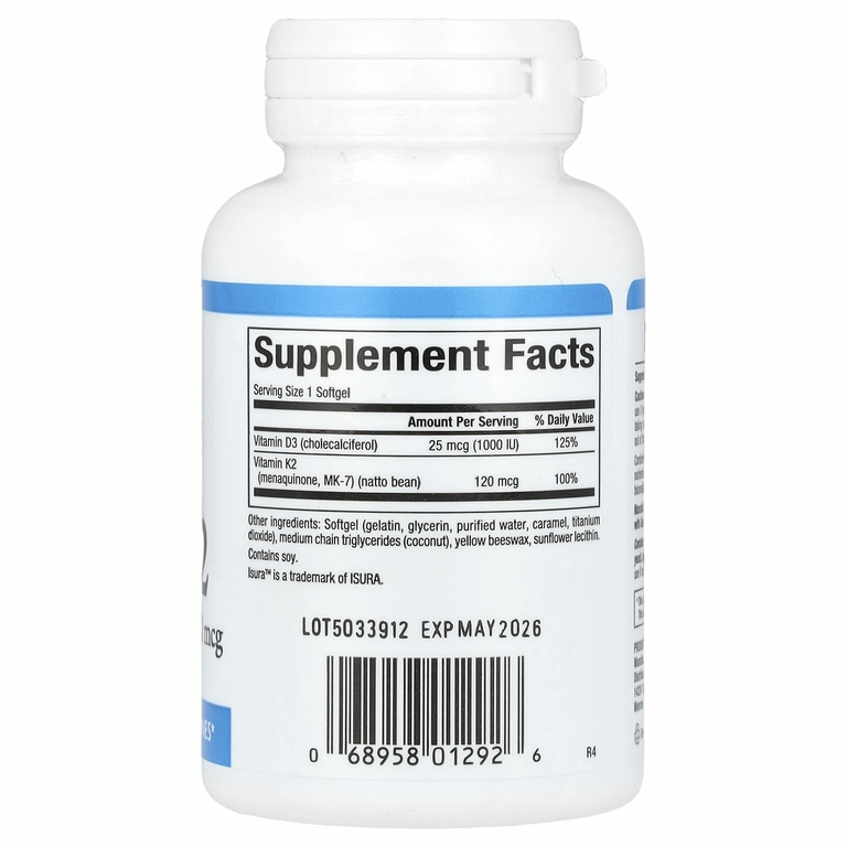 Natural Factors, витамины D3 и K2, 25 мкг (1000 МЕ) и 120 мкг, 60 капсул