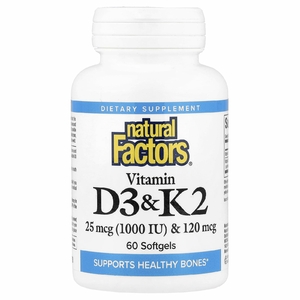Natural Factors, витамины D3 и K2, 25 мкг (1000 МЕ) и 120 мкг, 60 капсул