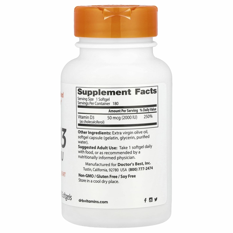 Doctor's Best, витамин D3, 50 мкг (2000 МЕ), 180 капсул