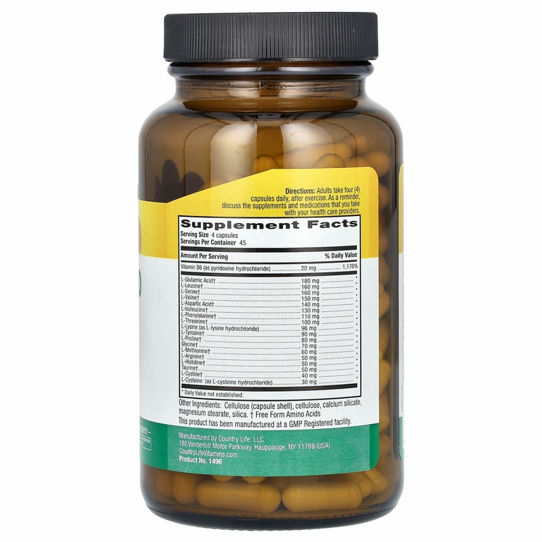 Country Life, Max-Amino Caps, с витамином B-6, 180 вегетарианских капсул
