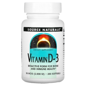 Source Naturals, Витамин D-3, 2000 международных единиц, 200 мягких капсул