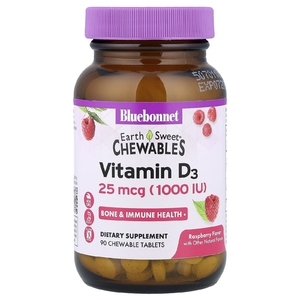 Bluebonnet Nutrition, витамин Д3, малина, 25 мкг (1000 МЕ), 90 жевательных таблеток