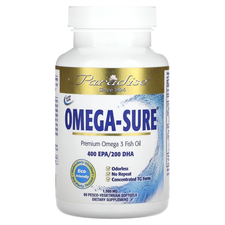 Paradise Herbs, Omega Sure, рыбий жир с омега-3 премиального качества, 1000 мг, 60 вегетарианских мягких таблеток Pesco