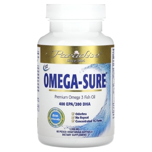 Paradise Herbs, Omega Sure, рыбий жир с омега-3 премиального качества, 1000 мг, 60 вегетарианских мягких таблеток Pesco