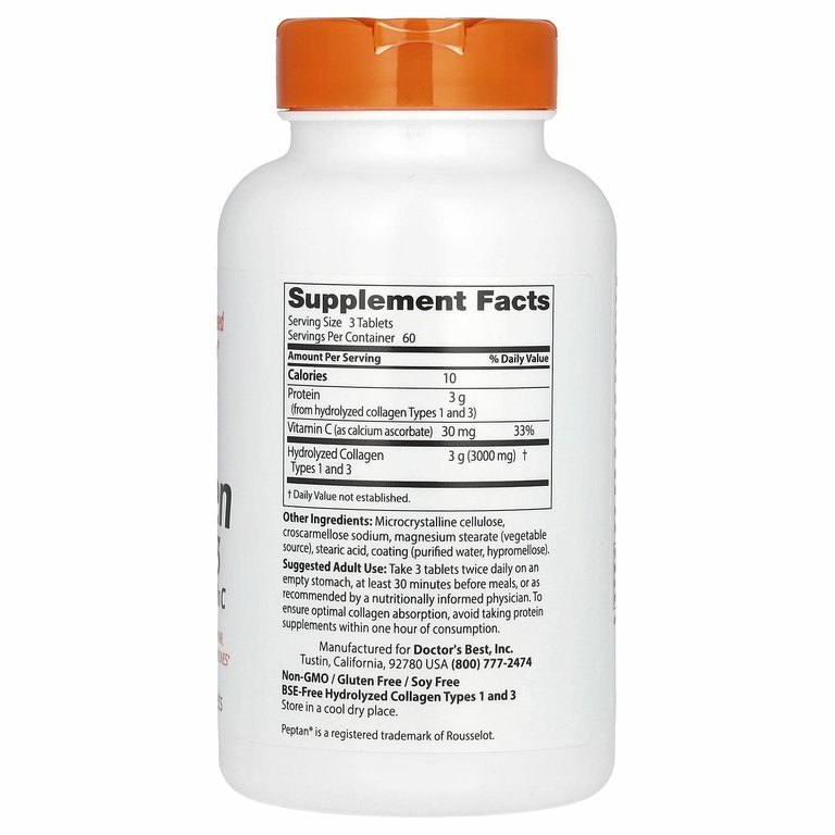 Doctor's Best, коллаген типа 1 и 3 с Peptan и витамином C, 1000 мг, 180 таблеток