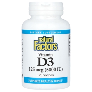 Natural Factors, Витамин D3, 125 мкг (5000 МЕ), 120 мягких желатиновых капсул